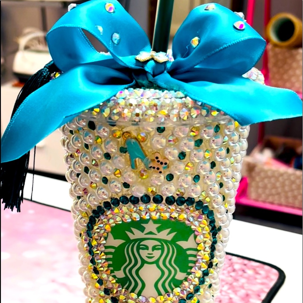 beautiful starbucks turquoise tumbler decorated with pearls and rhinestones